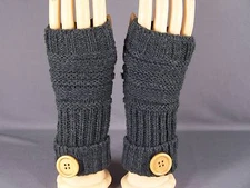 Dk Grey Gray fingerless gloves texting open thumb button knit arm warmer warmers