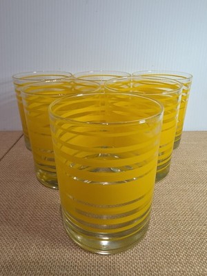 Vintage MCM double Old Fashioned Toscany Rocks Glasses Set Of 6- YELLOW Stripes