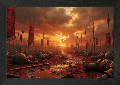 Battlefield Aftermath with Red Flag Gerahmtes Wandbild Poster Leinwanddruck Bild