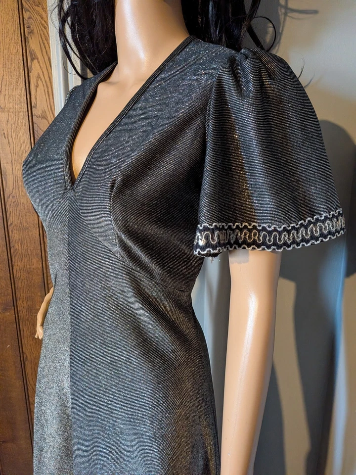 Vintage 70s Silver Glitter Flutter Sleeve Sequin Maxi Dress Party 10 12 38 - Image 4 of 4