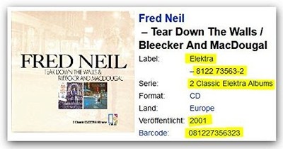 Fred Neil - Tear Down The Walls / Bleecker & MacDougal - Fred Neil CD ORVG The