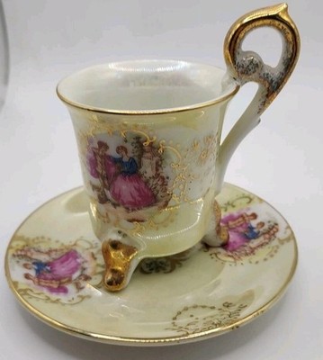 ARNART Footed Demitasse cup & Saucer Set White & Gold Japan - Royal Vienna Vtg