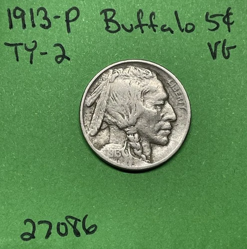 1913 P T2 Buffalo 🦬 Indian Head Nickel 5c Vg Very Good Type 2