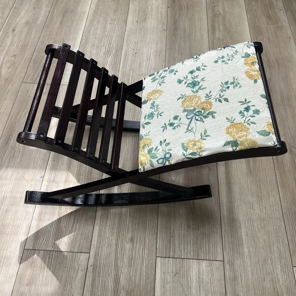 Foldable Rocking Footrest Wood W Tapestry Floral Cushion Upholstered Cottage - Image 3 of 4