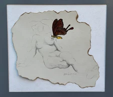 QUINTERO SIGNED SURREAL ABSTRACT COLLAGE PAINTING  DRAWING BUTTERFLY AND WOMAN