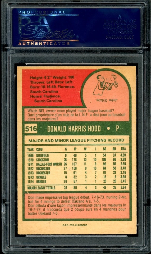 1975 TOPPS O-PEE-CHEE MLB Baseball #516 Don Hood PSA 9 MINT oc Baltimore Orioles - Image 2 of 2