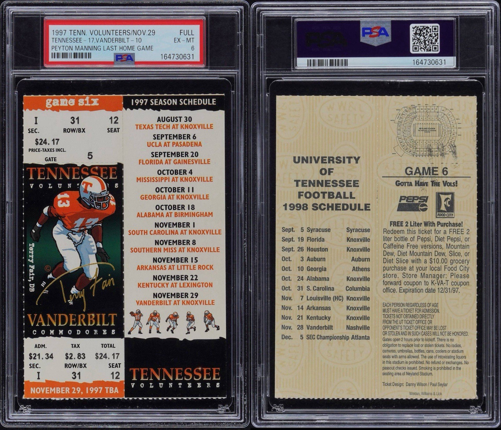 Peyton Manning Last Home Game 1997 Tennessee Volunteers Vanderbilt PSA 6 Pop 1 view 3