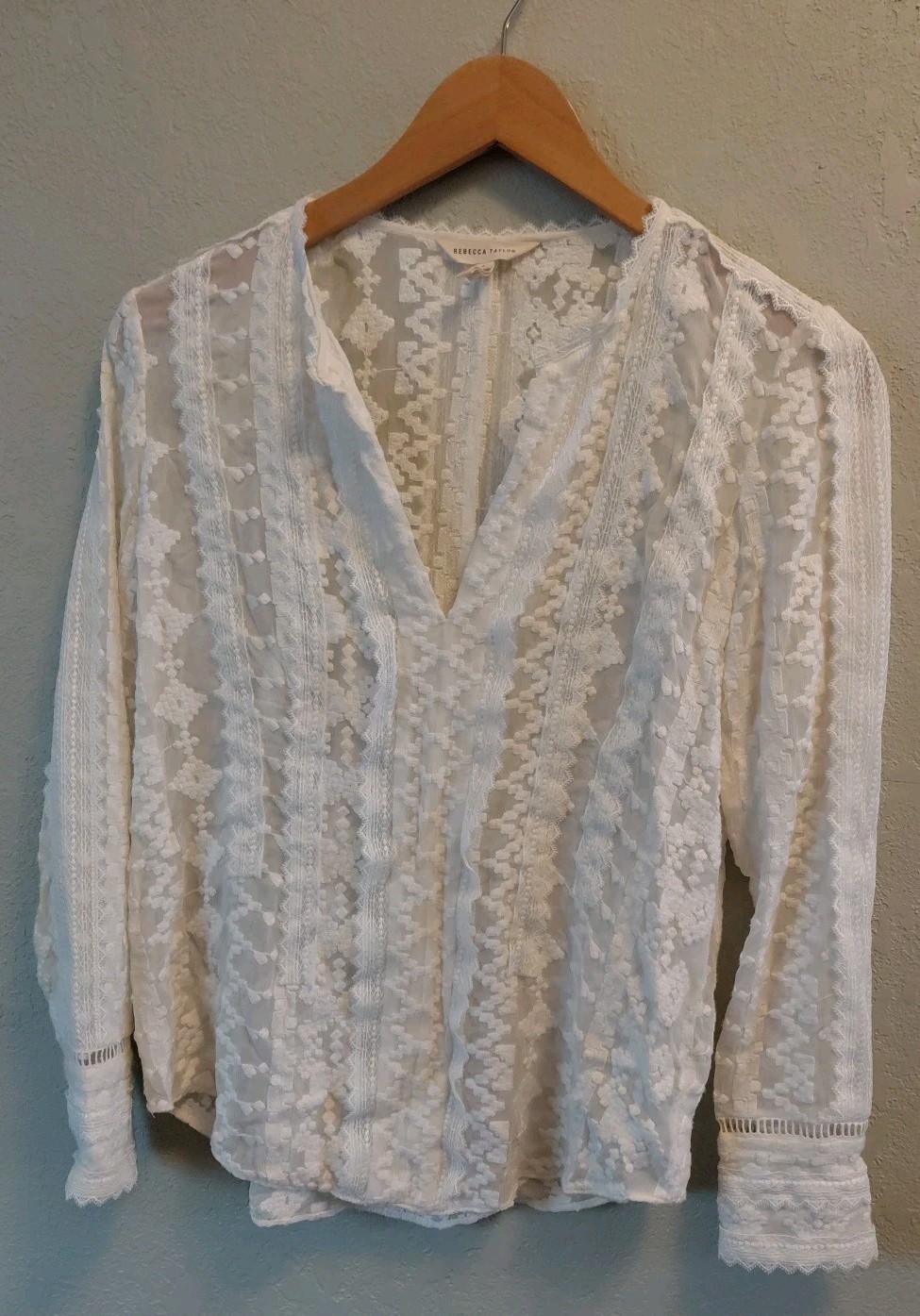 Rebecca Taylor Womens Size 4 White Lace Long Sleeve Blouse Top 100% Silk Luxury