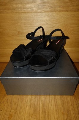 PRADA Schuhe Plateau Sandalen Leder/Nylon/Naplak Schwarz Gr. 38,5