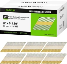 1,000 Counts 30 Degree Framing Nails Ring Shank/Smooth Shank, Electro-Galvanized