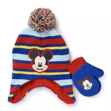 Disney Junior Toddler Boy 2PC Set Hat/Gloves Mittens Beanie One Size Pom Pom