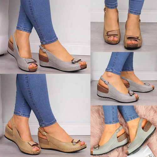Women's Summer Wedge Heel Sandals Heel Shoes Peep Toe Platform Buckle Slingback - Picture 2 of 15