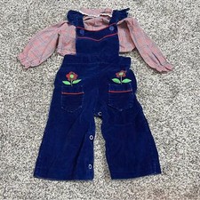 VINTAGE Corduroy Blue Overalls Plaid Shirt Collar 12 Months Flower Pockets