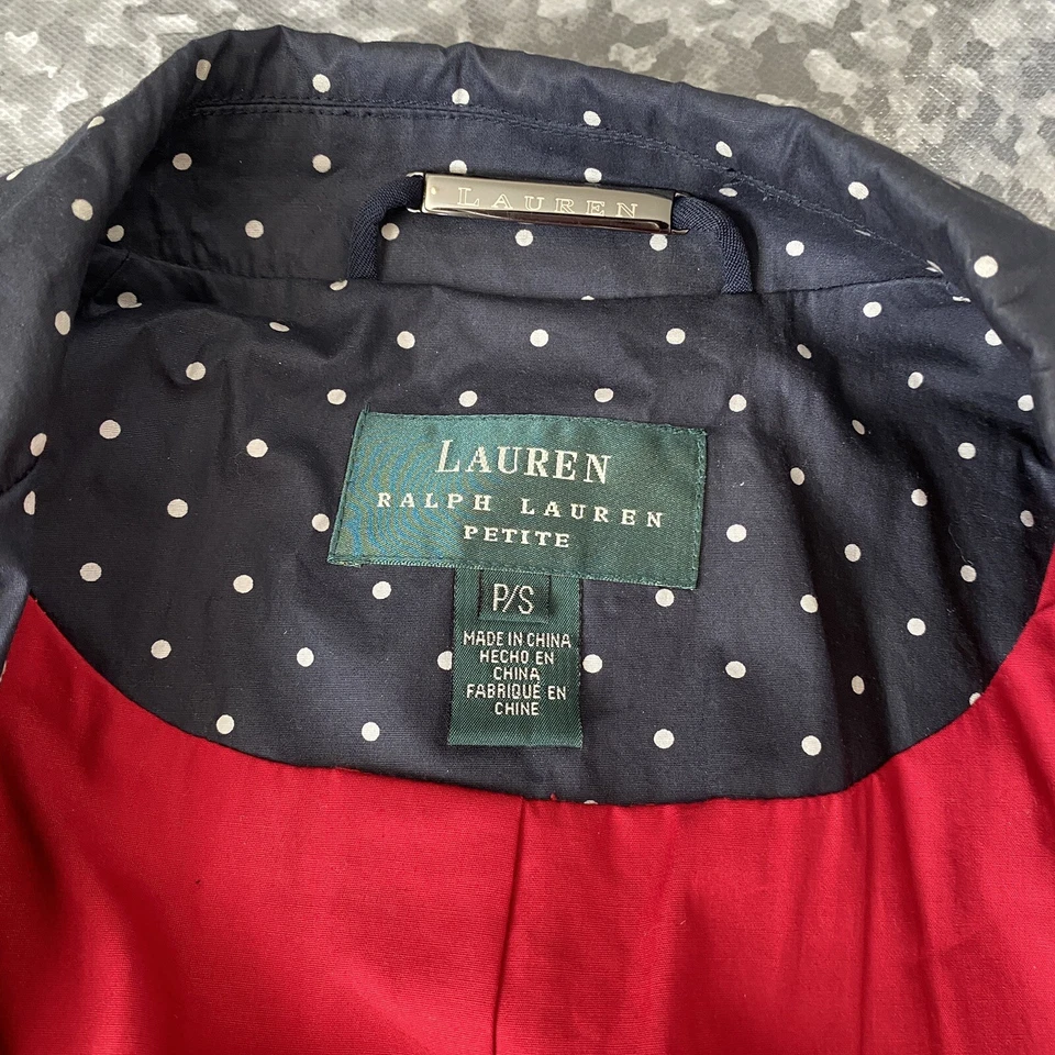 Ralph Lauren -Sz Petite P/S Lovely Navy Polka-Dot Car Coat Jacket A-Line Cotton - Image 2 of 4