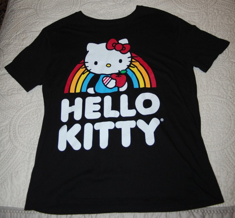 Hello Kitty T-Shirt by Sanrio w/ Rainbow and Apple Black Size L (11-13)