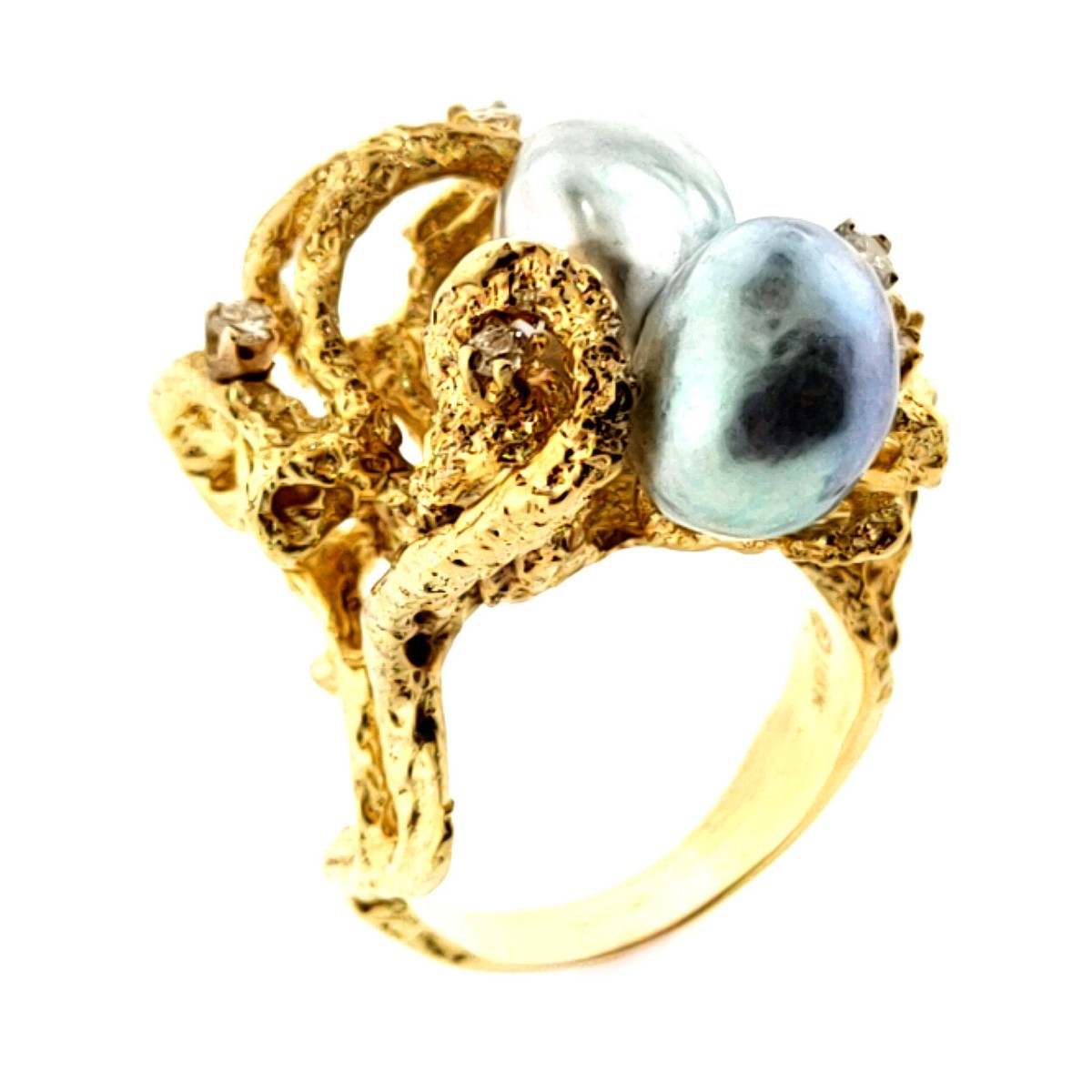 Fabulous Vintage Baroque Pearl & Diamond Free Form Estate Ring 18k