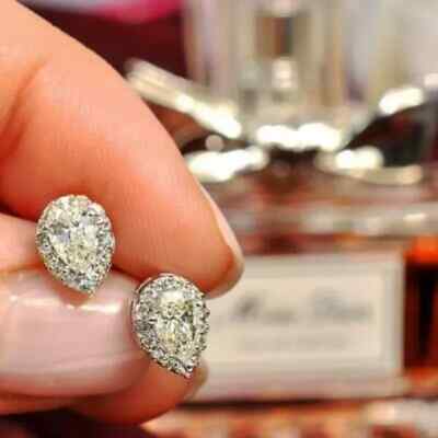 18K White Gold Finish 4Ct Lab Created Pear Diamond Pretty Push Back Halo Earring