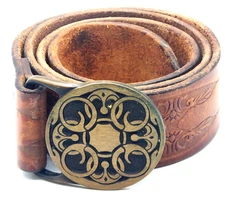 Tech Ether Guild 1975 BALDRIC Solid Bras Belt Buckle/Tooled Leather Belt 36/38