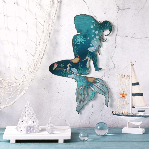 Metal Mermaid Wall Art Rustic Hanging Mermaid Wall Decor Blue Stainless Steel - Picture 7 of 12