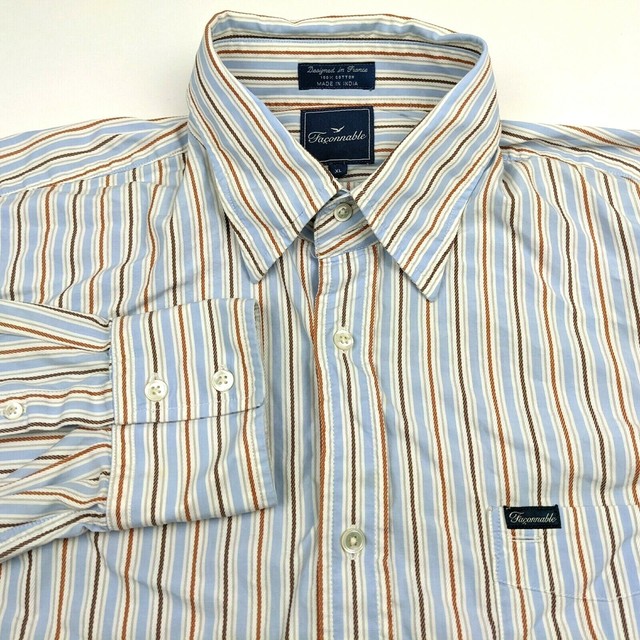 Faconnable Mens XL Button Down Shirt Blue Striped Multi Color Long