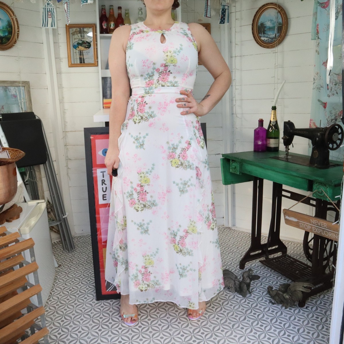 Vintage Retro Y2K White Floral Flowery Flowers Pattern Print Chiffon Maxi  Dress | eBay UK