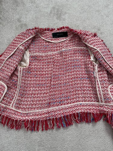 Zara Woman Red Tweed Boucle Blazer Jacket Small Tassel Fringe Fantasy Blogger - Picture 8 of 12