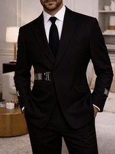 Mens 2Pcs Suit Metal Buckle Belted Wedding Groom Prom Business Suit Blazer Pants