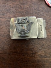 VTG 70's US Navy Belt Buckle Patina Eagle Crest USN Silver Tone Bar Cinch B 