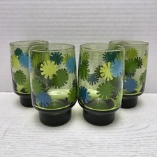 4 Vintage 1970s Libbey Paper Flower Pom Pom Daisy Glasses Tumblers Green Floral