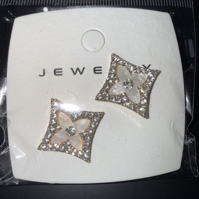 Square/Diamond Style Gold Plated W/White Clover Earrings NWT