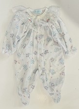 BabyGro Vintage 70  s Girls White Floral Footed One Piece Sleeper Lace Ruffle Bow
