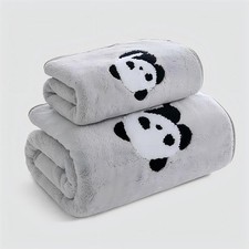 2Pcs Kids Cartoon Panda Bath Towel Coral Fleece Soft Absorbent Shower Towel Set