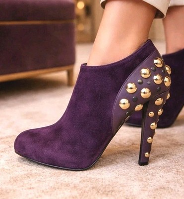 Gucci Babouska Ankle Bootie Heels Boots Purple Suede Shoes Gold Studded 40 Sz 10