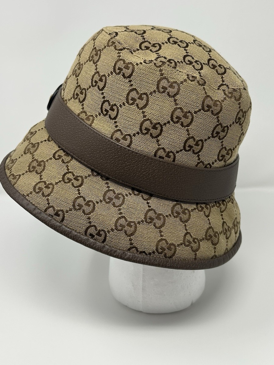 Gucci GG Supreme Canvas Bucket Hat M 58cm Beige/Brown Leather Trim