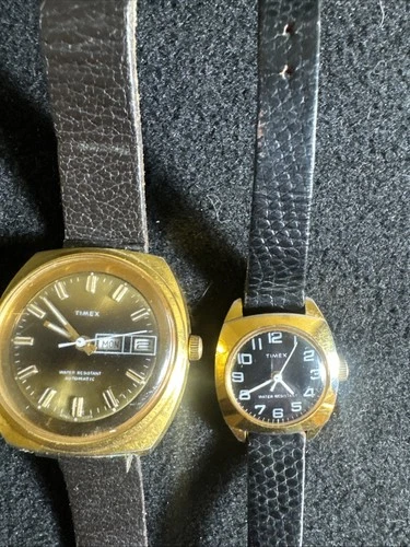 1977 Timex Automatic Viscount Brown Day Date Tiger's Eye Dial Runs 38m His & Her