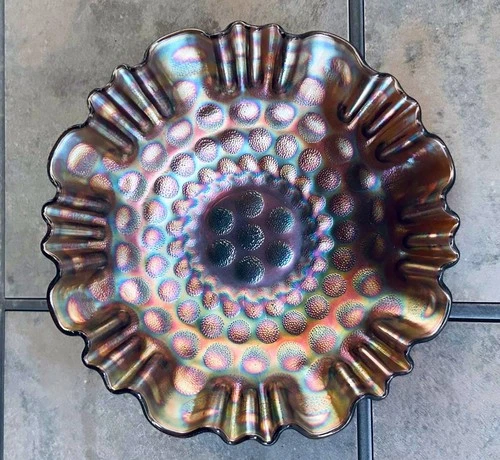 Fenton Amethyst Carnival Glass Ruffled Bowl – Coin Dot Thumbprint Pattern – 9”