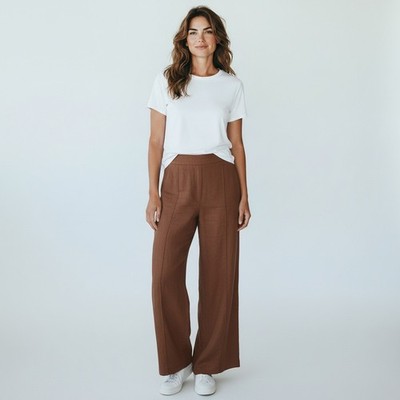 Jacqui E Pants Women s AU 14 Linen Brown Wide Leg Elastic Waist EUC