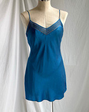 Y2K Victoria s Secret 100 Silk Blue Mesh Inset Slip Dress Chemise Size Small