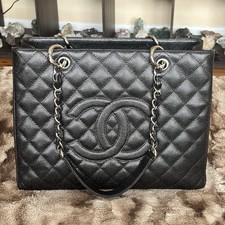 CHANEL Grand Shopping Tote Black Quilted Caviar Leather W/ Chain Strap Handle