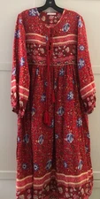 R. Vivimos  Women's  Longn Sleeves Floral Red Midi  Dress Size Large   Bohemian