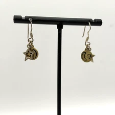 VTG Sterling Silver 925 Celestial Theme Dangle Earrings Crescent Moon Star 1/2"