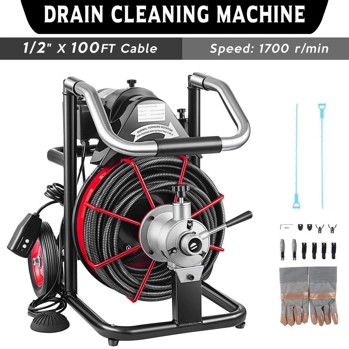 Drain Cleaning Machine 100 ft. x 1/2 in. Drain Auger Cleaner Auto Feed with  Sewer Snake 4 Cutter for 1 in. to 4 in. Pipe