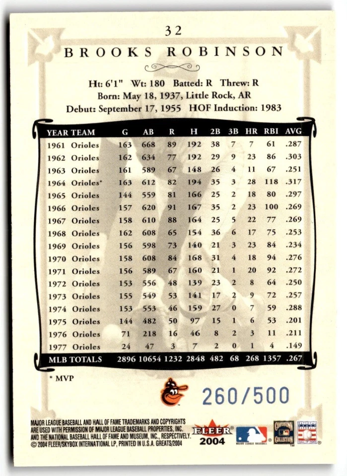 2004 Fleer Greats of the Game Blue Brooks Robinson /500 #32 Baltimore Orioles - Image 2 of 2