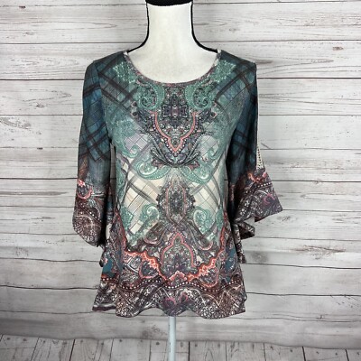 Unity World Wear Womens Knit Top Blouse Size Small Multicolor 3/4 Flared Sleeve