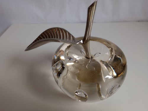14cmH Controlled Bubbles Glass Apple Ornament Paperweight Metal Stem&Leaf 1.2kg - Picture 3 of 7