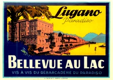 Hotel Bellevue au Lac ~LUGANO - SWITZERLAND~ Magnificent TRÜB Luggage Label 1925