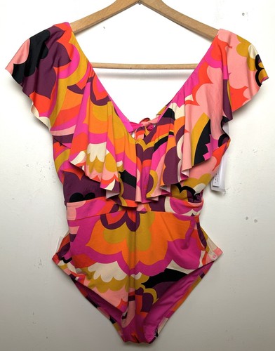 NWT Trina Turk One Piece Swimsuit 12 Ruffle Plunge Bright Floral Resort - Picture 6 of 19