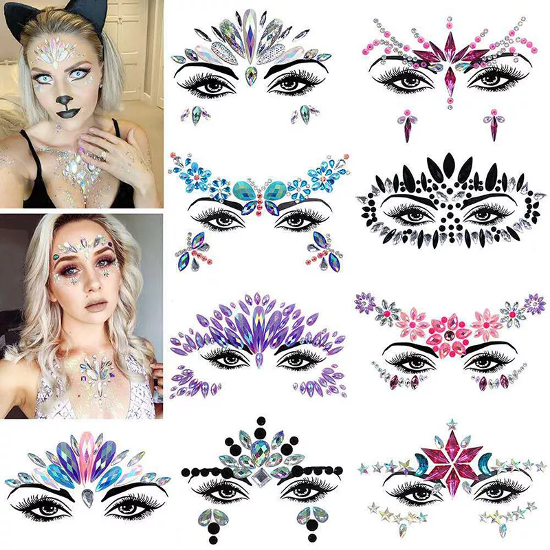 Rhinestone Face Stickers Mermaid Face Gems Jewels Festival Chest Body  Jewels Temporary Tattos Crystal For Women And Girls 2 Sets (pattern 1)