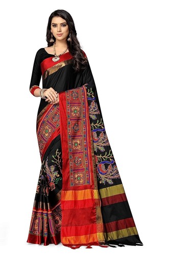 Women's Banarasi Cotton Silk Embroidered Work Saree With Blouse Piece