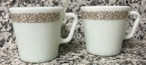 Pyrex Woodland Flower Brown Coffee Mug Cup 300ml White Milk Glass 3.5" Lot of 2